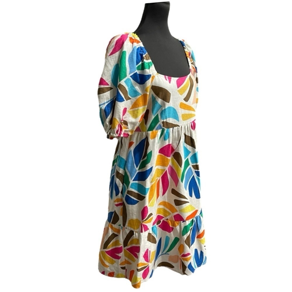 Vacation / Resort Puff Sleeve Dress | Tabitha Brown Tropical Linen | Size Large - Picture 4 of 12
